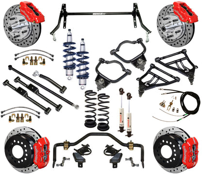 COILOVER & STRONGARM SYSTEM,BARS,WILWOOD 11" DRILLED BRAKES,RED CAL.,59-64 CHEVY