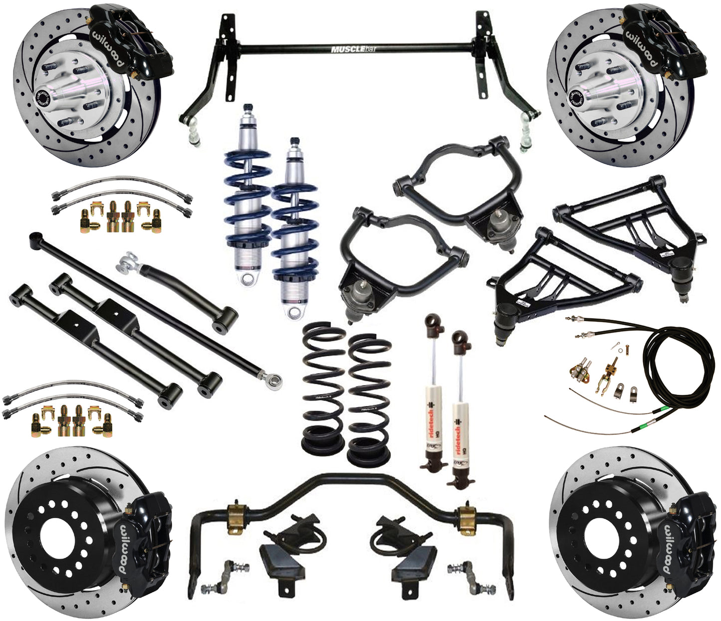 COILOVER & STRONGARM SYSTEM,WILWOOD 12" DRILLED BRAKES,BLACK CAL.,59-64 CHEVY