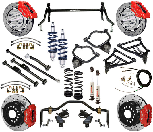 COILOVER & STRONGARM SYSTEM,BARS,WILWOOD 12" DRILLED BRAKES,RED CAL.,59-64 CHEVY
