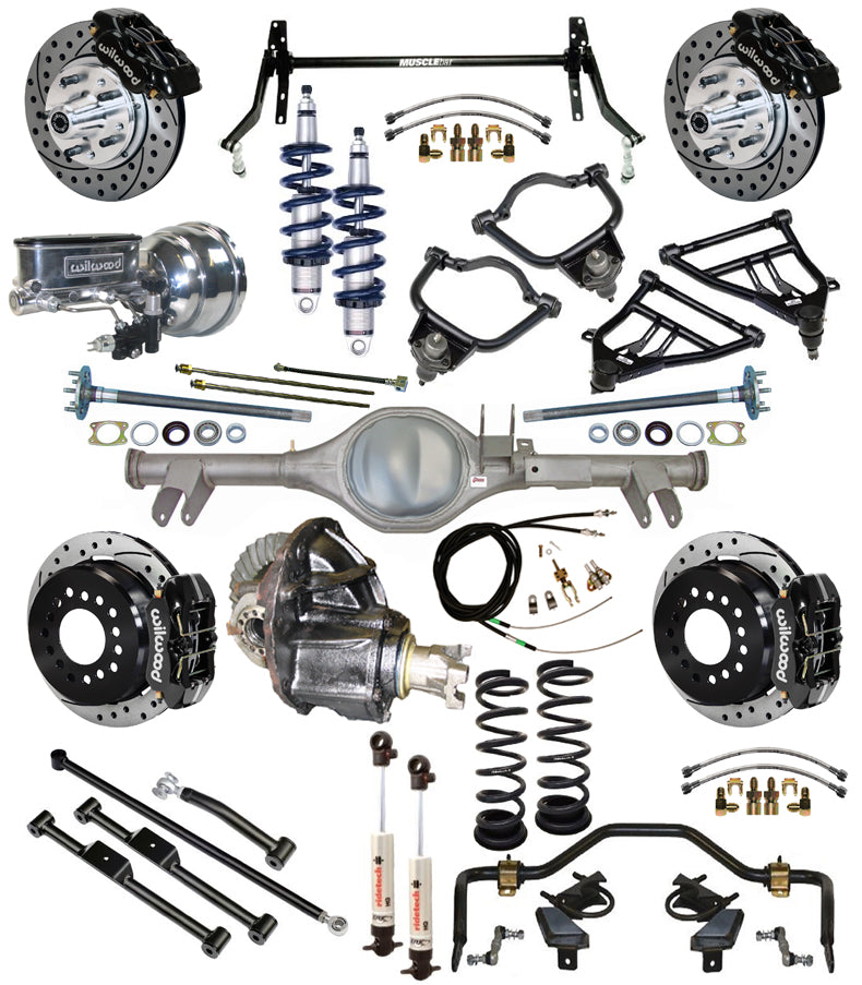 COILOVER & STRONGARM SYSTEM,CURRIE REAR END,WILWOOD 11" DRILLED BRAKES,BLK,59-64