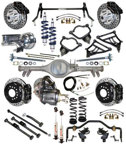COILOVER & STRONGARM SYSTEM,CURRIE REAR END,WILWOOD 11" DRILLED BRAKES,BLK,59-64