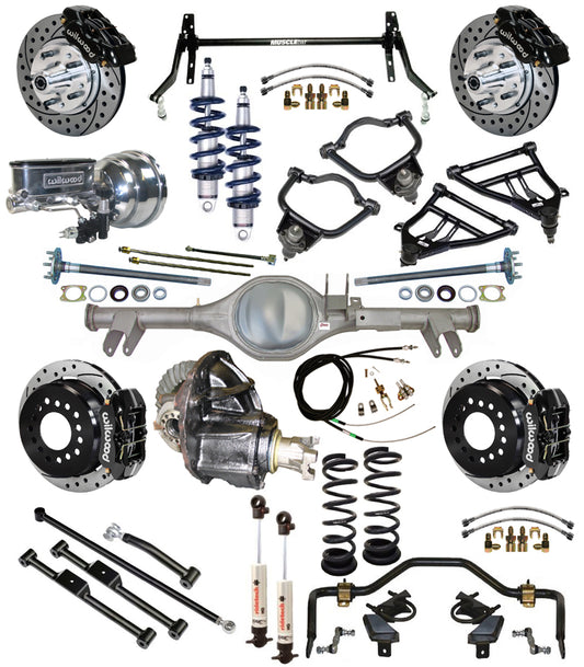 COILOVER & STRONGARM SYSTEM,CURRIE REAR END,WILWOOD 11" DRILLED BRAKES,BLK,59-64