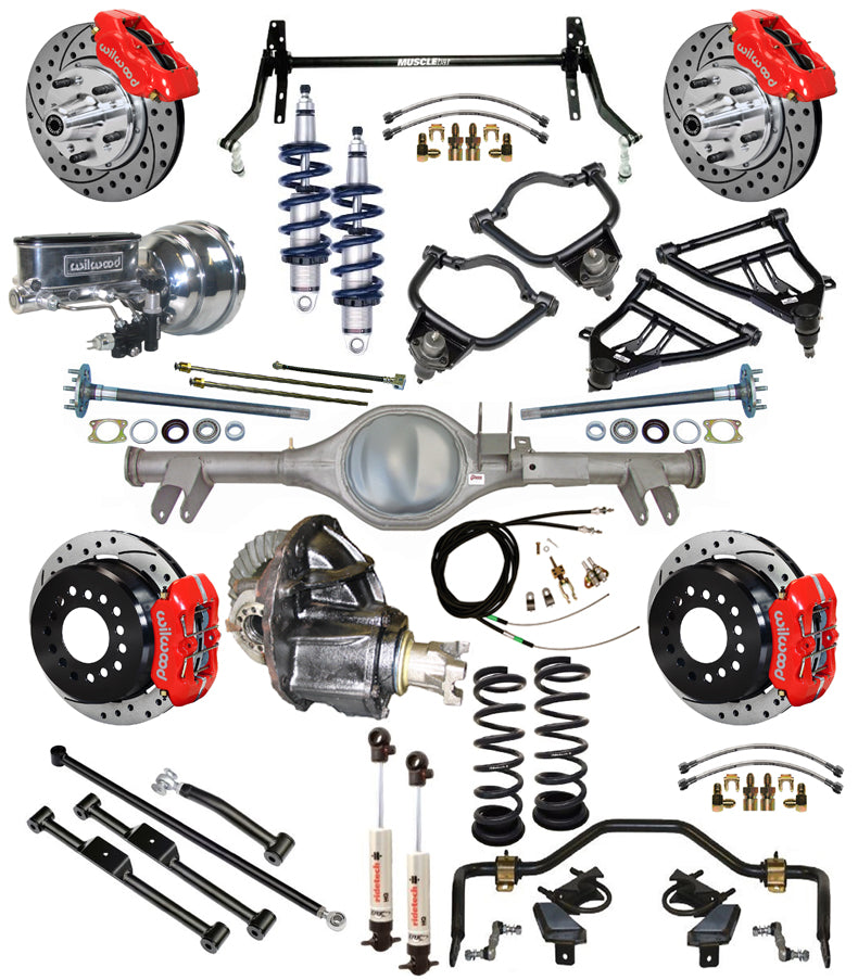 COILOVER & STRONGARM SYSTEM,CURRIE REAR END,WILWOOD 11" DRILLED BRAKES,RED,59-64
