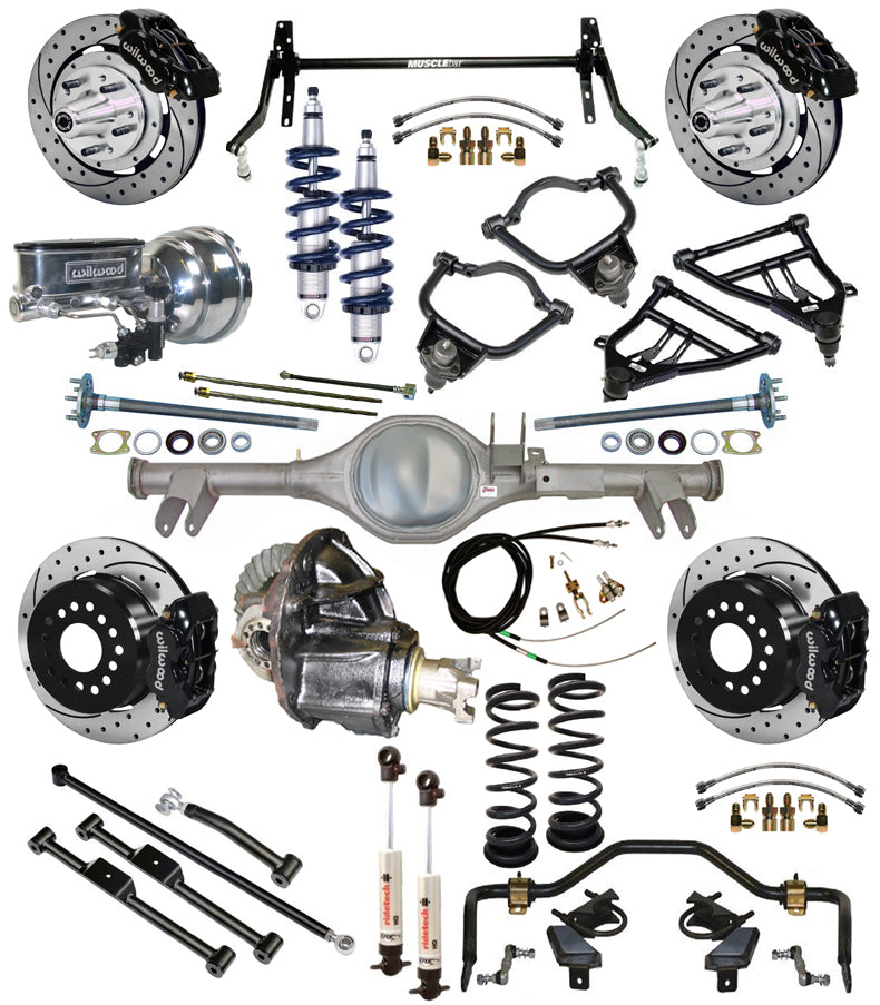 COILOVER & STRONGARM SYSTEM,CURRIE REAR END,WILWOOD 12" DRILLED BRAKES,BLK,59-64