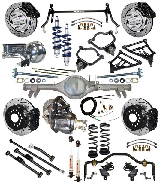 COILOVER & STRONGARM SYSTEM,CURRIE REAR END,WILWOOD 12" DRILLED BRAKES,BLK,59-64