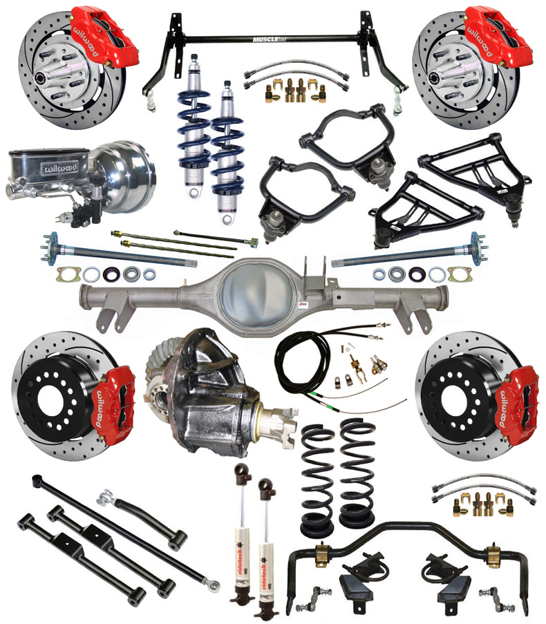 COILOVER & STRONGARM SYSTEM,CURRIE REAR END,WILWOOD 12" DRILLED BRAKES,RED,59-64