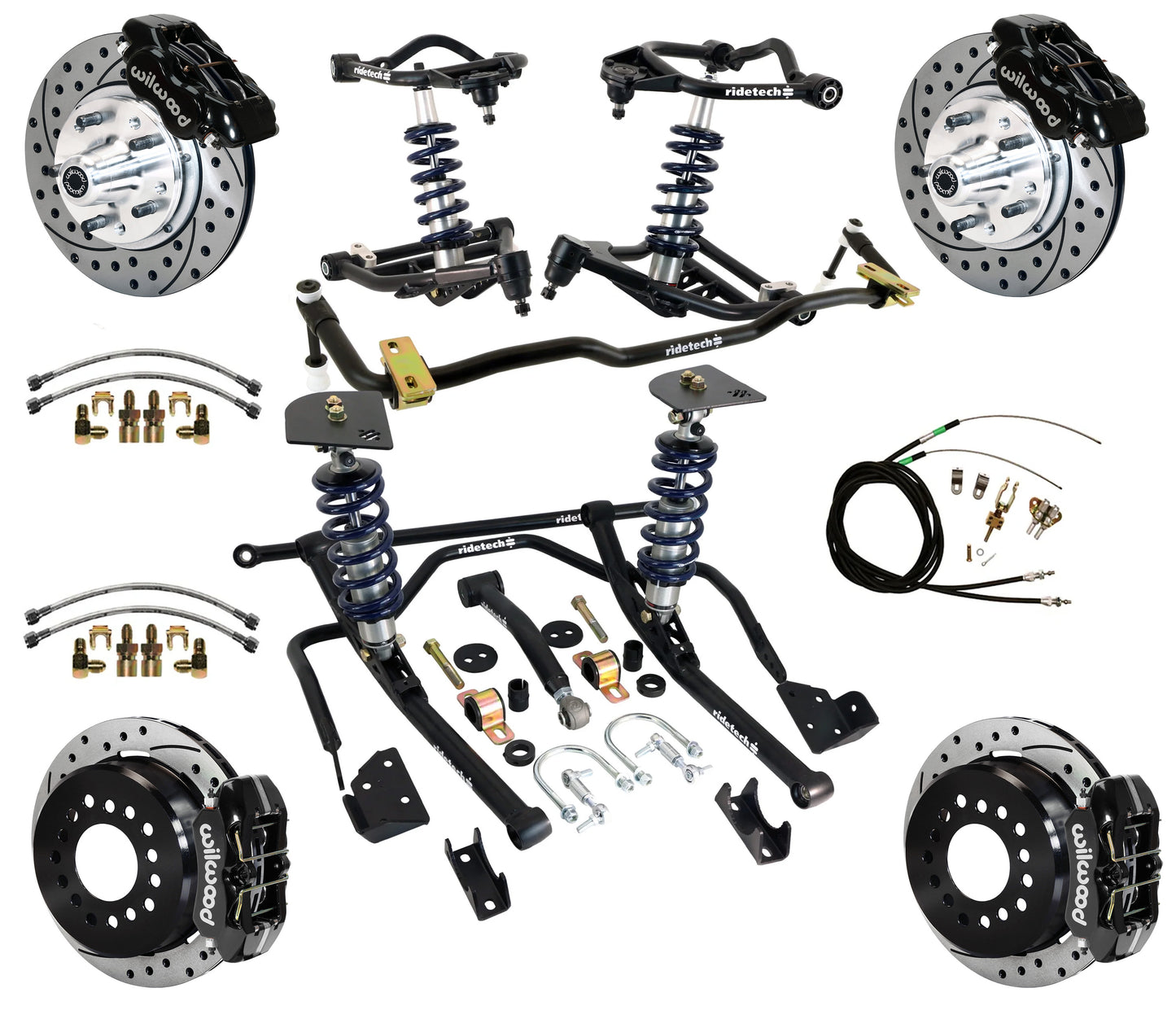 COILOVER & STRONGARM SYSTEM,WILWOOD 11" DRILLED BRAKES,BLACK CAL.,59-64 CHEVY