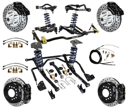 COILOVER & STRONGARM SYSTEM,WILWOOD 11" DRILLED BRAKES,BLACK CAL.,59-64 CHEVY