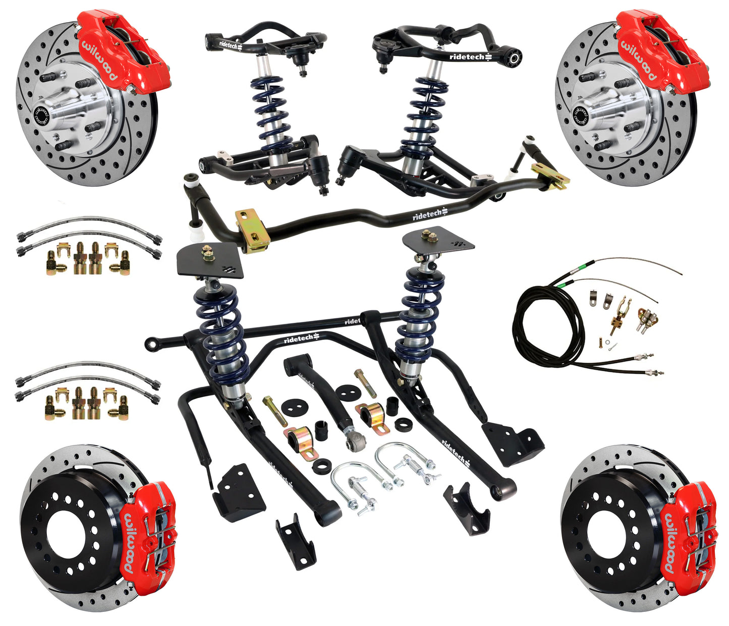 COILOVER & STRONGARM SYSTEM,BARS,WILWOOD 11" DRILLED BRAKES,RED CAL.,59-64 CHEVY