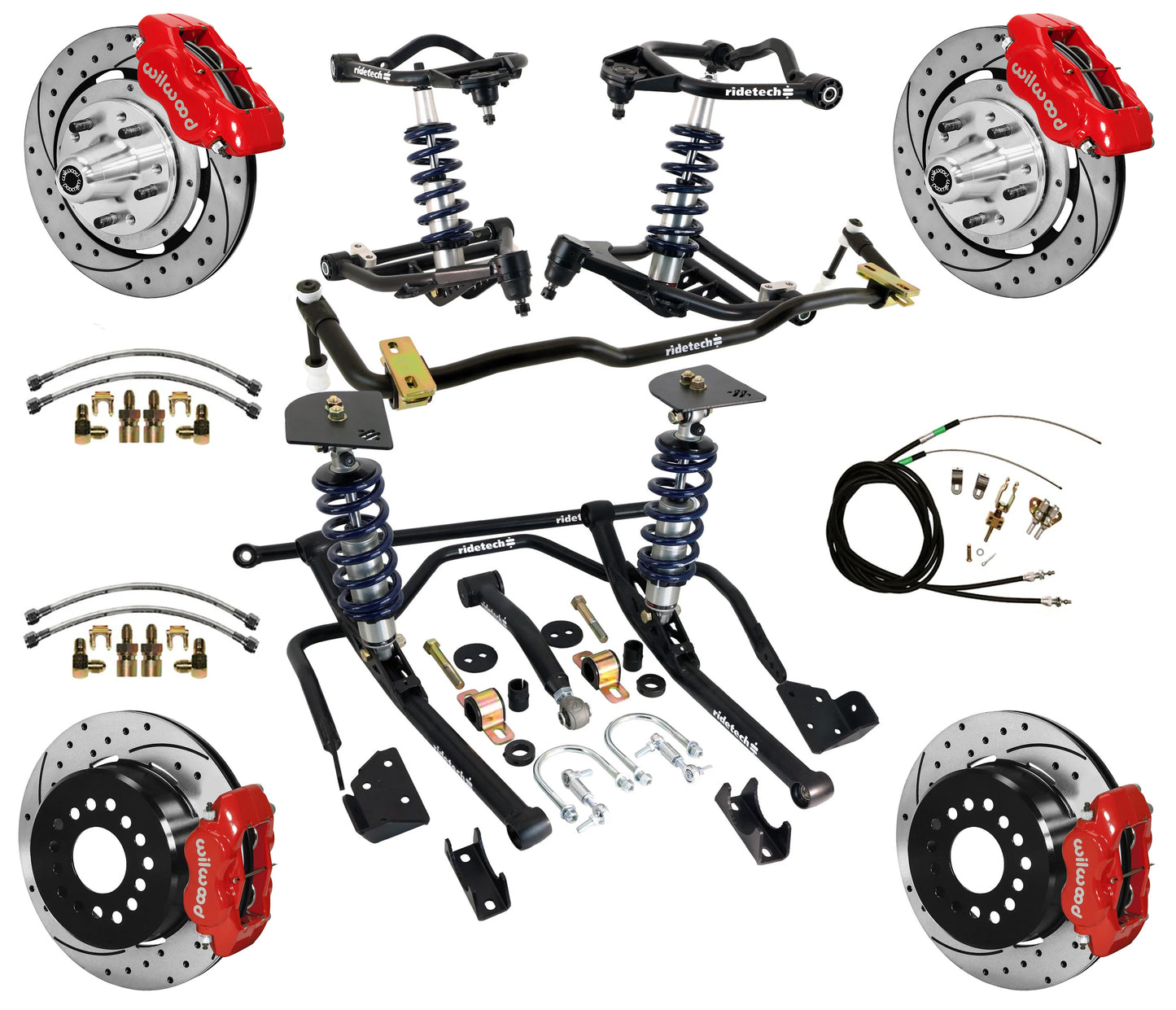 COILOVER & STRONGARM SYSTEM,BARS,WILWOOD 12" DRILLED BRAKES,RED CAL.,59-64 CHEVY