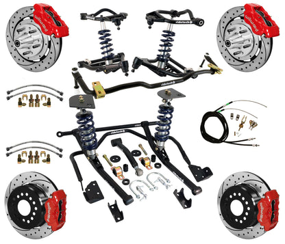 COILOVER & STRONGARM SYSTEM,BARS,WILWOOD 12" DRILLED BRAKES,RED CAL.,59-64 CHEVY