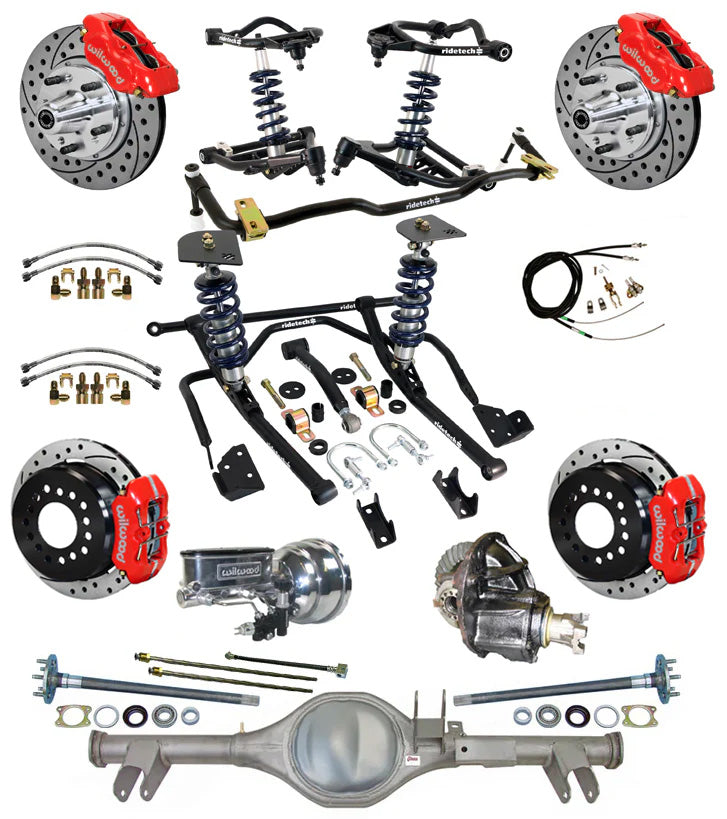 COILOVER & STRONGARM SYSTEM,CURRIE REAR END,WILWOOD 11" DRILLED BRAKES,RED,59-64
