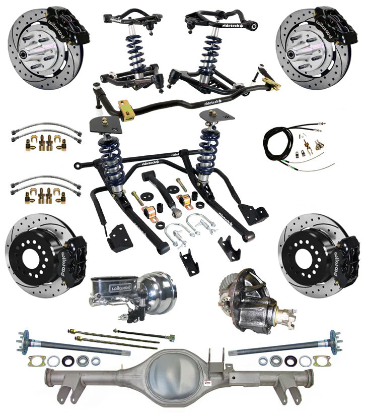 COILOVER & STRONGARM SYSTEM,CURRIE REAR END,WILWOOD 12" DRILLED BRAKES,BLK,59-64