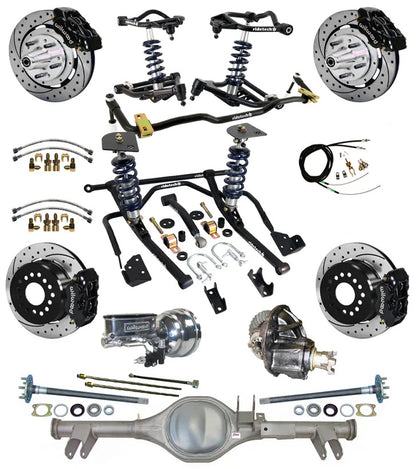 COILOVER & STRONGARM SYSTEM,CURRIE REAR END,WILWOOD 12" DRILLED BRAKES,BLK,59-64