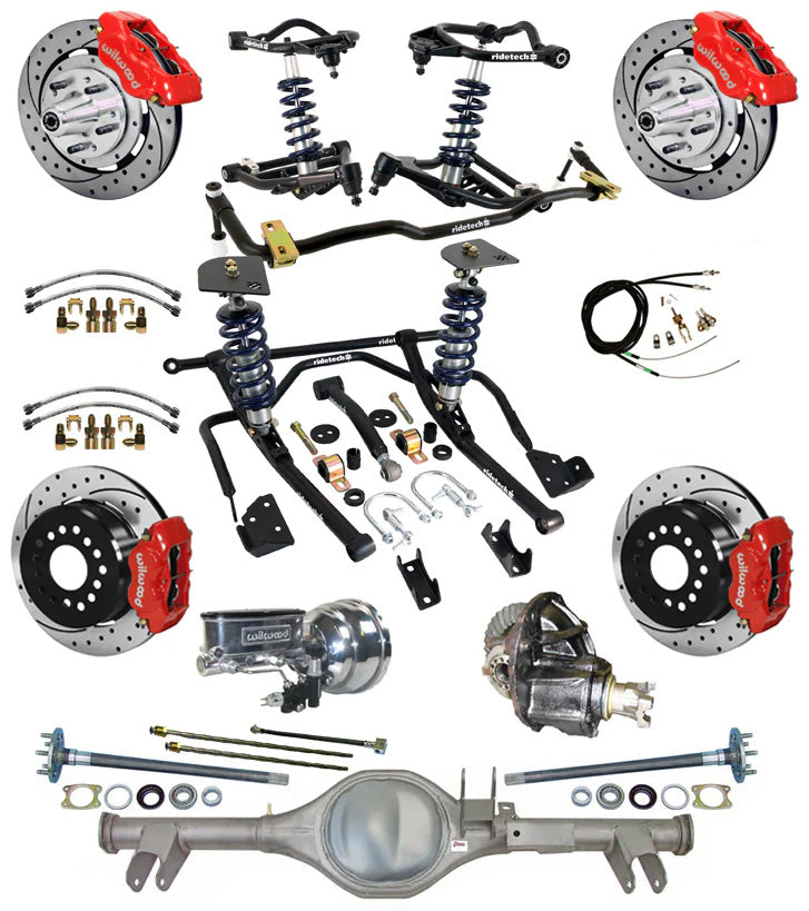 COILOVER & STRONGARM SYSTEM,CURRIE REAR END,WILWOOD 12" DRILLED BRAKES,RED,59-64
