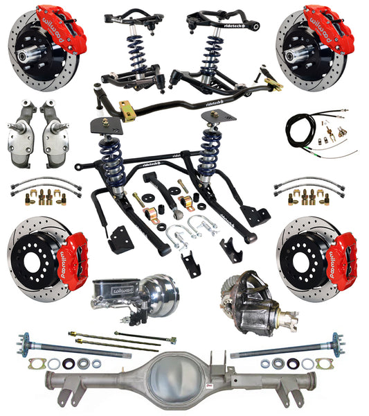 COILOVER SYSTEM,CURRIE REAR END,WILWOOD 13/12" DRILL,RED,SPINDLES,59-64 CHEVY