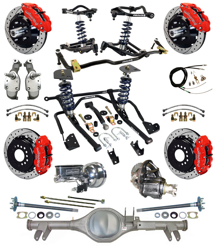 COILOVER SYSTEM,CURRIE REAR END,WILWOOD 13" DRILL,RED,SPINDLES,59-64 CHEVY