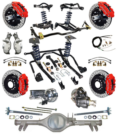 COILOVER SYSTEM,CURRIE REAR END,WILWOOD 13" DRILL,RED,SPINDLES,59-64 CHEVY