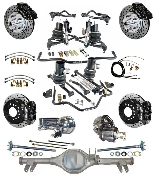AIR RIDE & STRONGARM SYSTEM,CURRIE REAR END,WILWOOD 11" DRILLED BRAKES,BLK,59-64