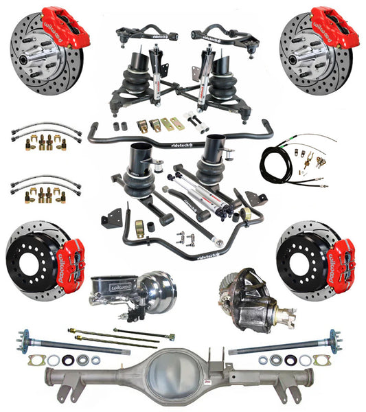 AIR RIDE & STRONGARM SYSTEM,CURRIE REAR END,WILWOOD 11" DRILLED BRAKES,RED,59-64