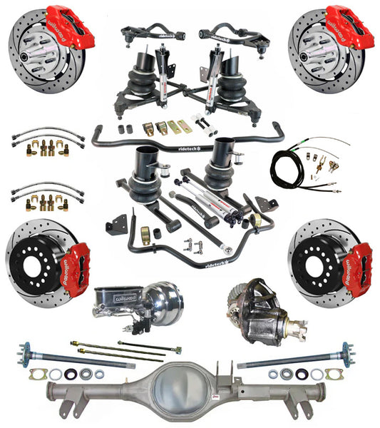 AIR RIDE & STRONGARM SYSTEM,CURRIE REAR END,WILWOOD 12" DRILLED BRAKES,RED,59-64