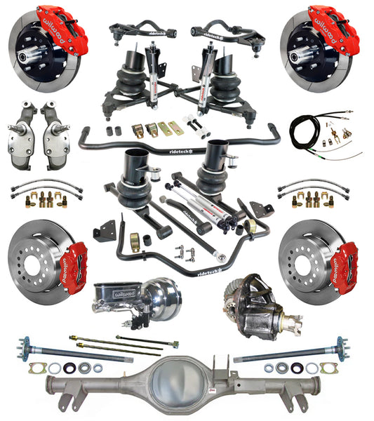 AIR RIDE SYSTEM,CURRIE REAR END,WILWOOD 13/12" BRAKES,RED,SPINDLES,59-64 CHEVY