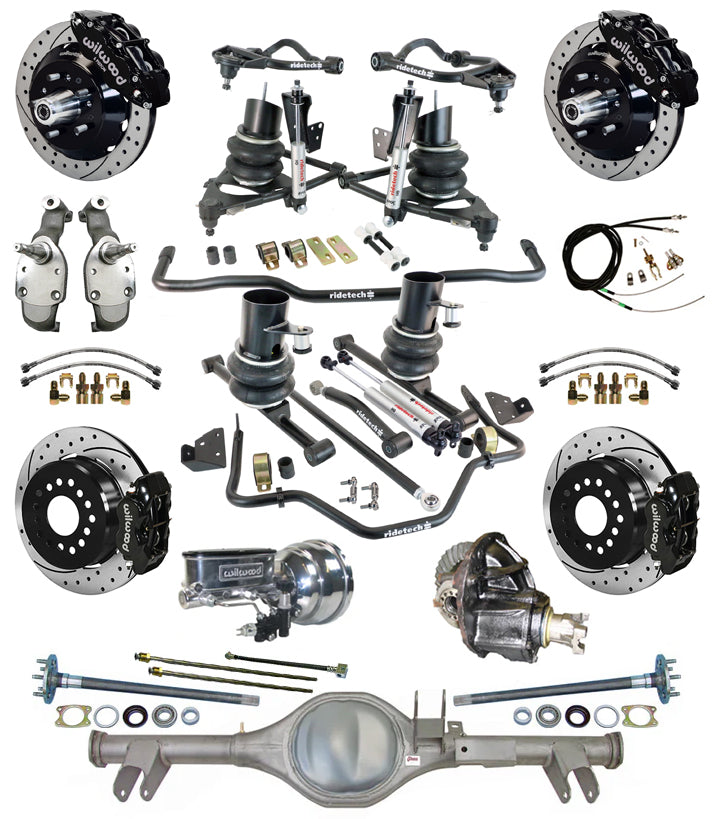 AIR RIDE SYSTEM,CURRIE REAR END,WILWOOD 13/12" DRILL,BLACK,SPINDLES,59-64 CHEVY