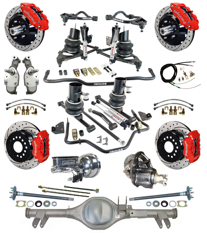 AIR RIDE SYSTEM,CURRIE REAR END,WILWOOD 13/12" DRILL,RED,SPINDLES,59-64 CHEVY
