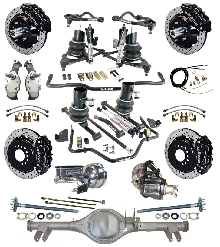 AIR RIDE SYSTEM,CURRIE REAR END,WILWOOD 13" DRILL,BLACK,SPINDLES,59-64 CHEVY