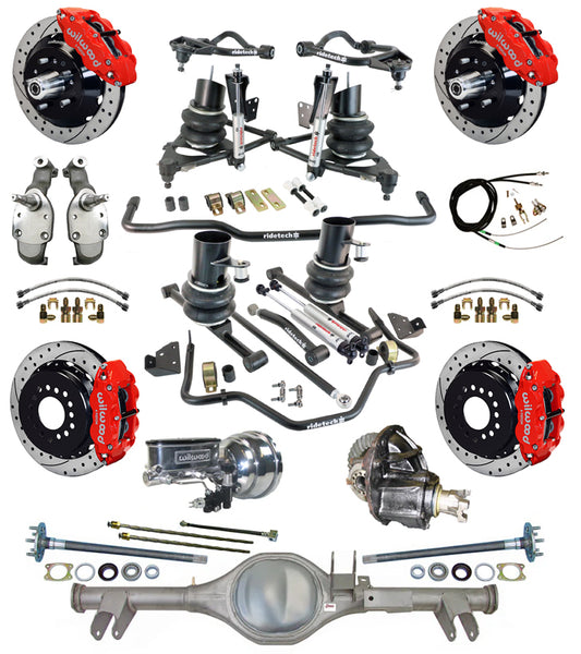 AIR RIDE SYSTEM,CURRIE REAR END,WILWOOD 13" DRILL,RED,SPINDLES,59-64 CHEVY