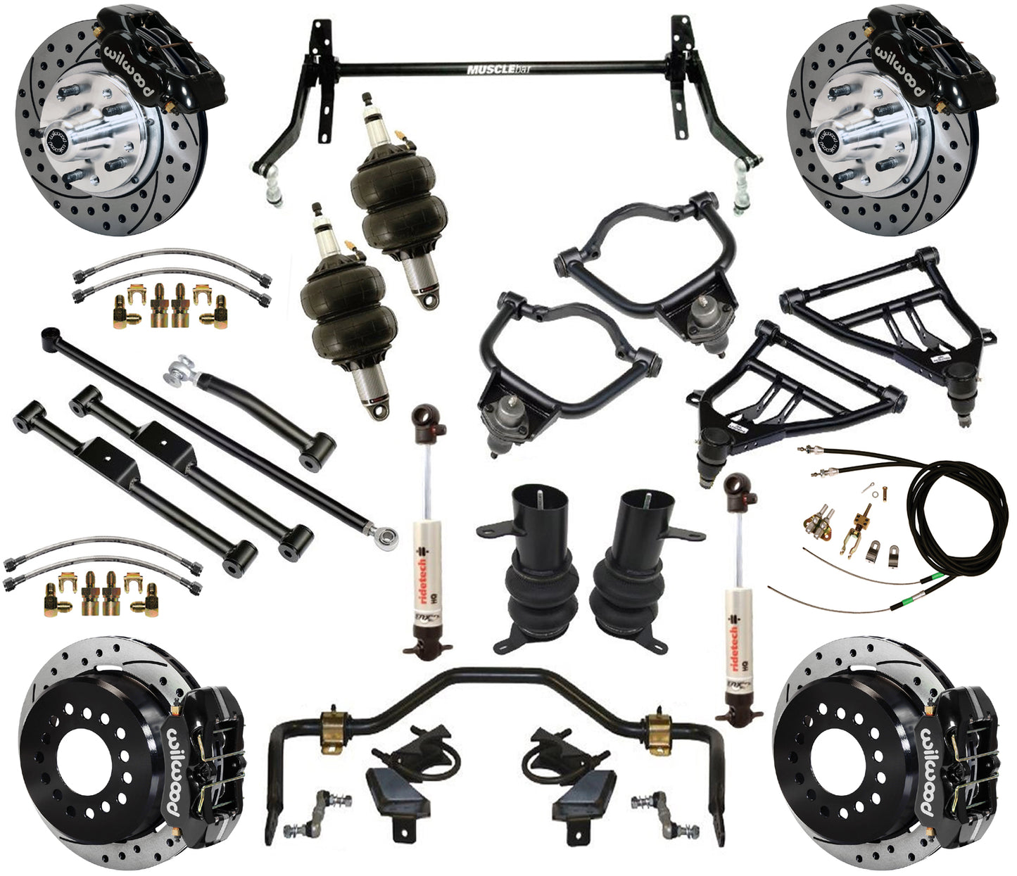 AIR RIDE & STRONGARM SYSTEM,WILWOOD 11" DRILLED BRAKES,BLACK CAL.,59-64 CHEVY