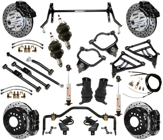 AIR RIDE & STRONGARM SYSTEM,WILWOOD 11" DRILLED BRAKES,BLACK CAL.,59-64 CHEVY