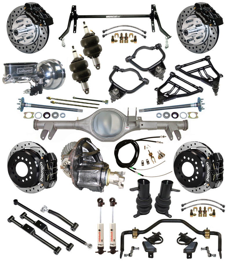 AIR RIDE & STRONGARM SYSTEM,CURRIE REAR END,WILWOOD 11" DRILLED BRAKES,BLK,59-64