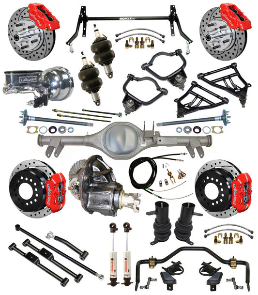AIR RIDE & STRONGARM SYSTEM,CURRIE REAR END,WILWOOD 11" DRILLED BRAKES,RED,59-64