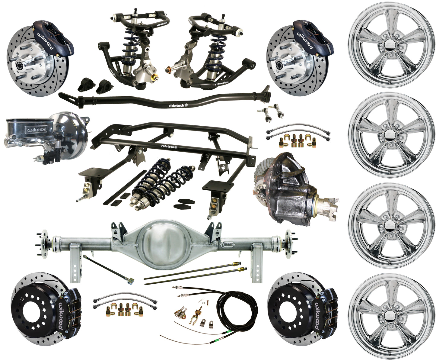 COILOVER & 4-LINK SYSTEM,REAR END,11" DRILLED BRAKES,BLACK,BILLET WHEELS,67-69