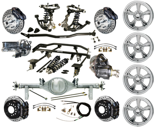 COILOVER & 4-LINK SYSTEM,REAR END,11" DRILLED BRAKES,BLACK,BILLET WHEELS,67-69