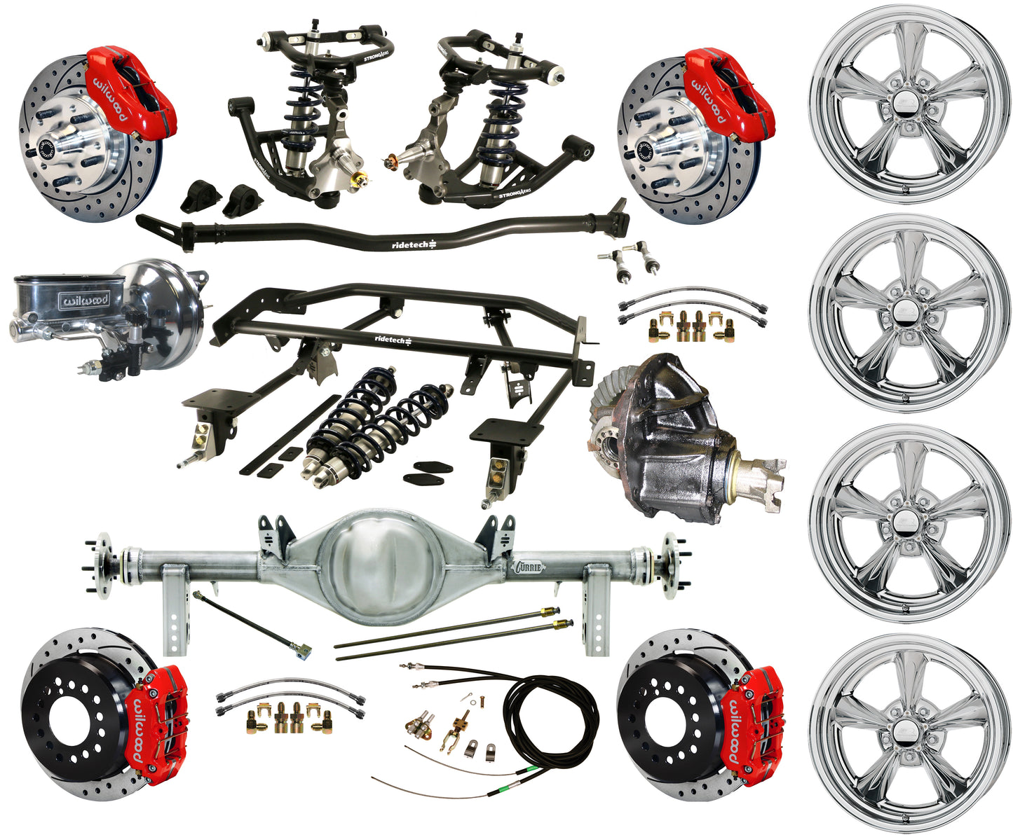 COILOVER & 4-LINK SYSTEM,REAR END,11" DRILLED BRAKES,RED,BILLET WHEELS,67-69