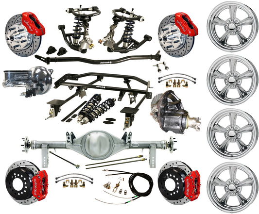 COILOVER & 4-LINK SYSTEM,REAR END,11" DRILLED BRAKES,RED,BILLET WHEELS,67-69