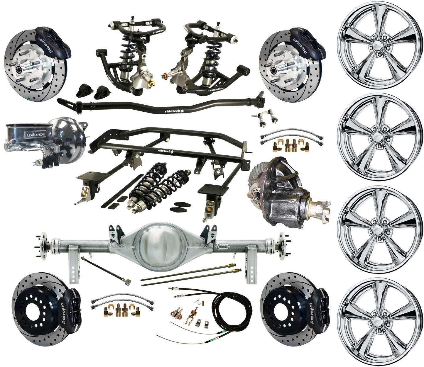 COILOVER & 4-LINK SYSTEM,REAR END,12" DRILLED BRAKES,BLACK,BILLET WHEELS,67-69 F