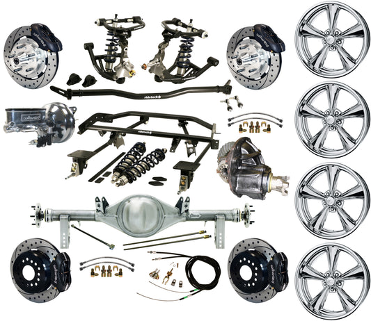 COILOVER & 4-LINK SYSTEM,REAR END,12" DRILLED BRAKES,BLACK,BILLET WHEELS,67-69 F