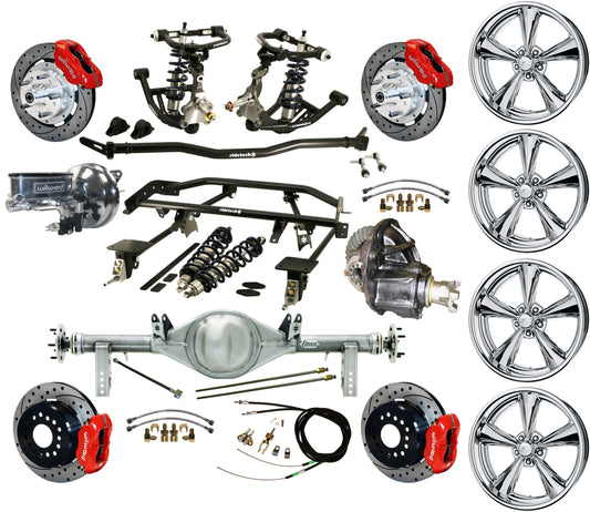 COILOVER & 4-LINK SYSTEM,REAR END,12" DRILLED BRAKES,RED,BILLET WHEELS,67-69 F