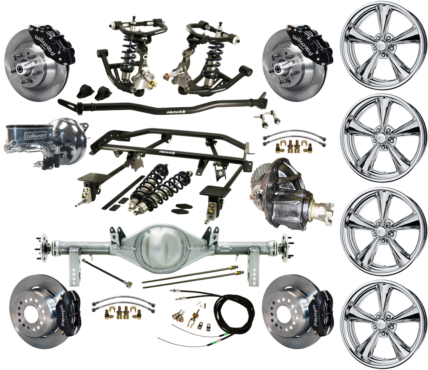 COILOVER & 4-LINK SYSTEM,REAR END,13"/12" BRAKES,BLACK,BILLET WHEELS,67-69 F