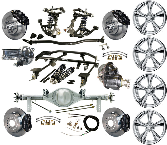 COILOVER & 4-LINK SYSTEM,REAR END,13"/12" BRAKES,BLACK,BILLET WHEELS,67-69 F