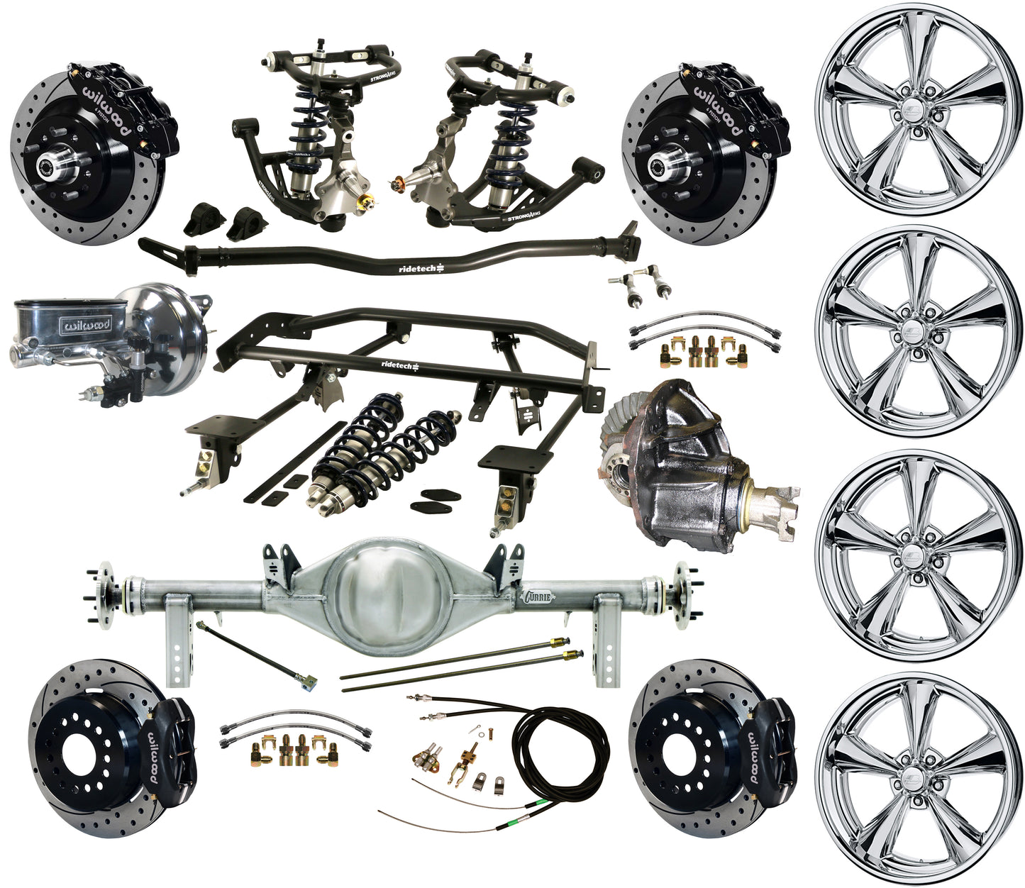 COILOVER & 4-LINK SYSTEM,REAR END,13"/12" DRILLED,BLACK,BILLET WHEELS,67-69 F