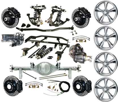 COILOVER & 4-LINK SYSTEM,REAR END,13"/12" DRILLED,BLACK,BILLET WHEELS,67-69 F