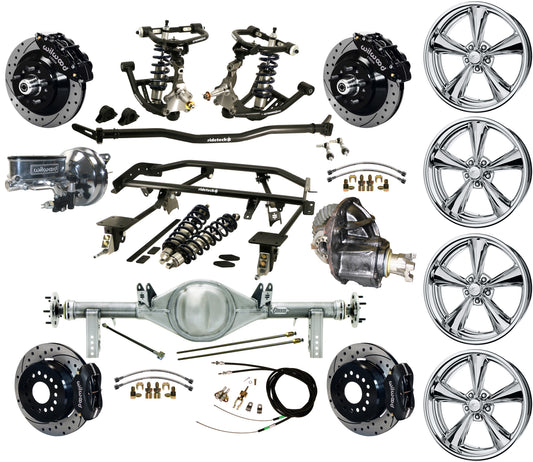 COILOVER & 4-LINK SYSTEM,REAR END,13"/12" DRILLED,BLACK,BILLET WHEELS,67-69 F