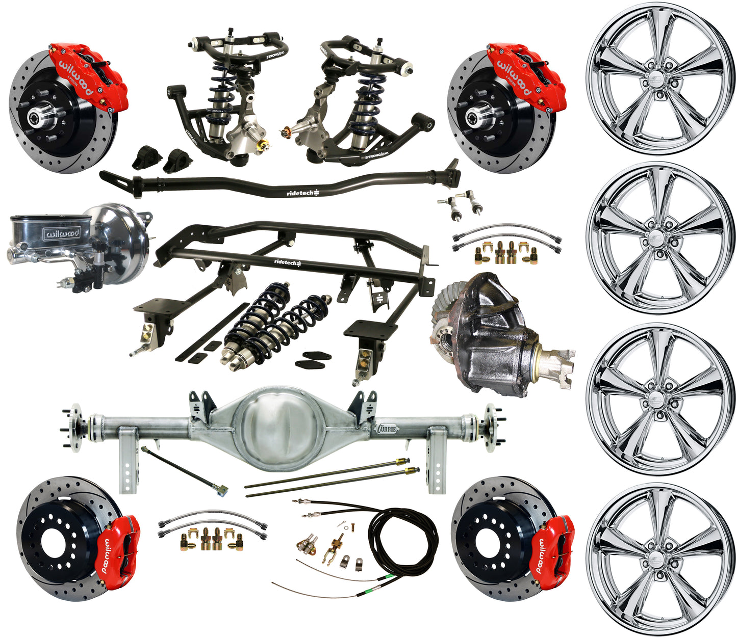 COILOVER & 4-LINK SYSTEM,REAR END,13"/12" DRILLED,RED,BILLET WHEELS,67-69 F-BODY