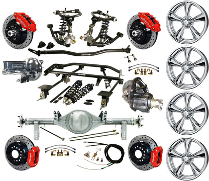 COILOVER & 4-LINK SYSTEM,REAR END,13"/12" DRILLED,RED,BILLET WHEELS,67-69 F-BODY