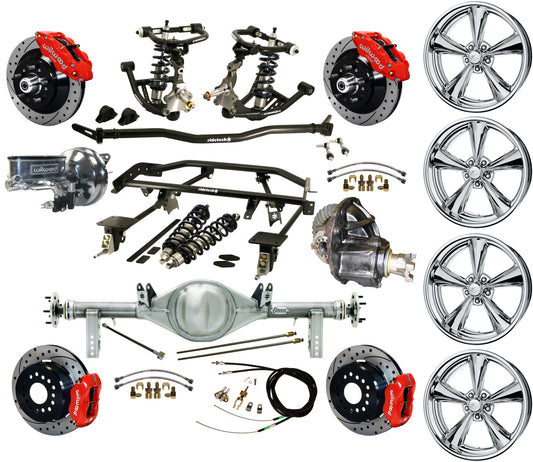COILOVER & 4-LINK SYSTEM,REAR END,13"/12" DRILLED,RED,BILLET WHEELS,67-69 F-BODY