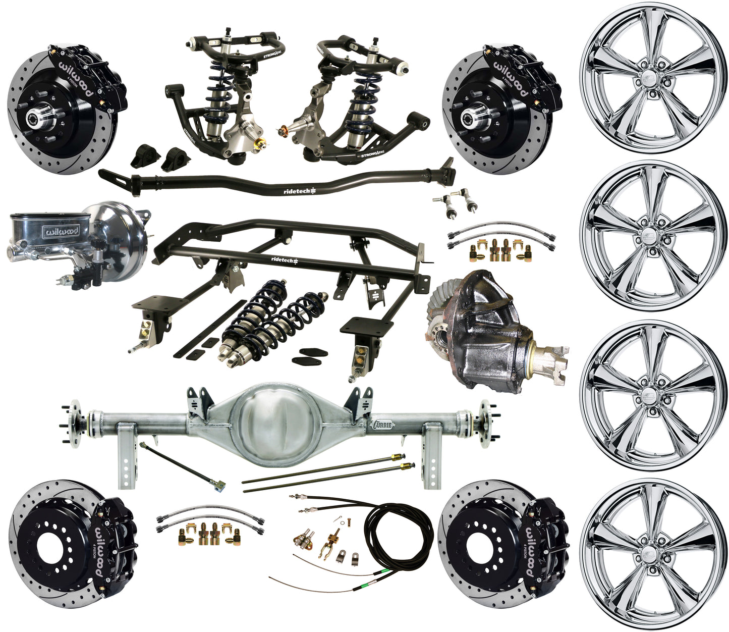 COILOVER & 4-LINK SYSTEM,REAR END,13" DRILLED BRAKES,BLACK,BILLET WHEELS,67-69 F
